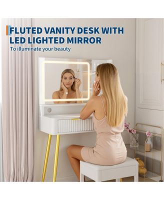 Mid-Century Modern Makeup Vanity Desk with Lighted Mirror, 2 Drawers and Cabinet