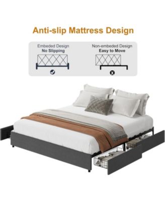 Queen Platform Bed Frame 4 Drawers Linen Upholstered Wood Slats Large Storage No Box Spring Non Slip