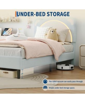 Twin Bed Frame with LED Lights Adjustable Bear Headboard Velvet Kids Bed Storage Drawers Noise Free Wood Slats