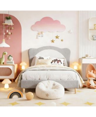   Upholstered Platform Bed for Kids Velvet Princess Panda Headboard Wood Slats No Box Spring