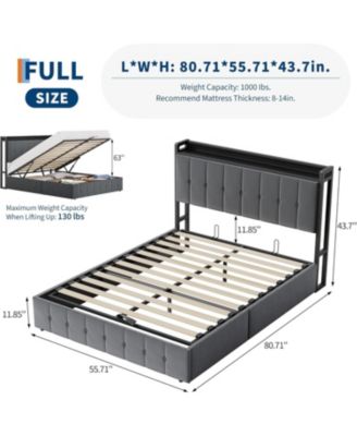  Lift Up Storage Bed Frame Velvet Upholstered Hydraulic Platform Storage Headboard Wood Slats No Box Spring