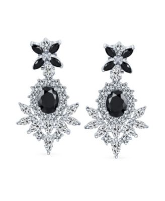Cocktail Leaf Motif Cubic Zirconia Black White Blue CZ Chandelier Clip-On Earrings