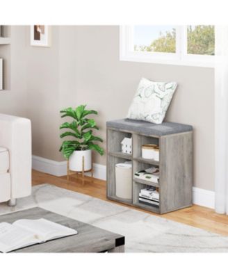 Entryway Shoe Bench with Storage and Cushioned Seat, Wooden Shoe Rack with Adjustable Shelves and Side Pockets