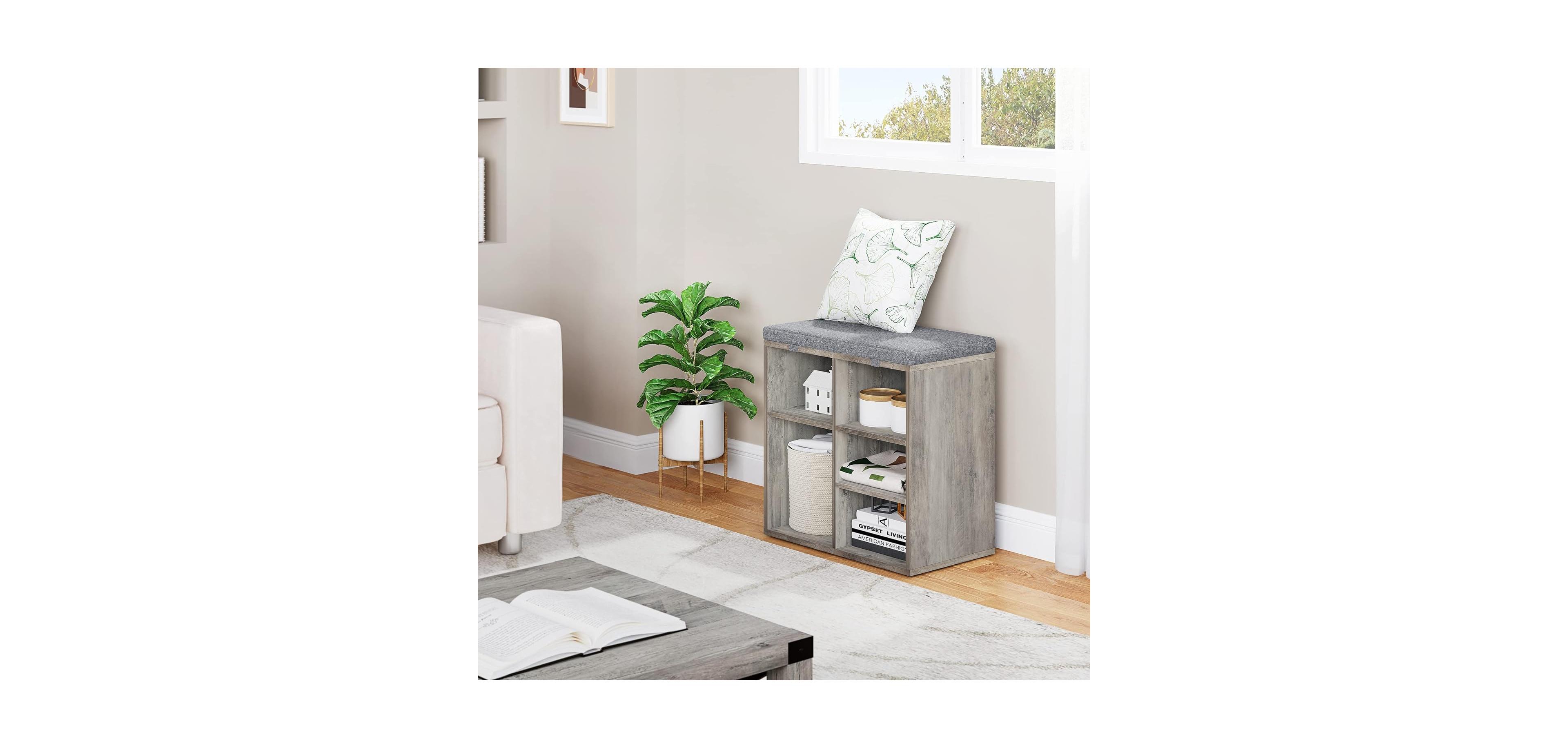 Gaomon Entryway Shoe Bench with Storage and Cushioned Seat, Wooden Shoe Rack with Adjustable Shelves and Side Pockets