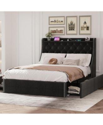 Bed Frame with 4 Storage Drawers, Wingback Headboard & Charging Station, Diamond Tufted