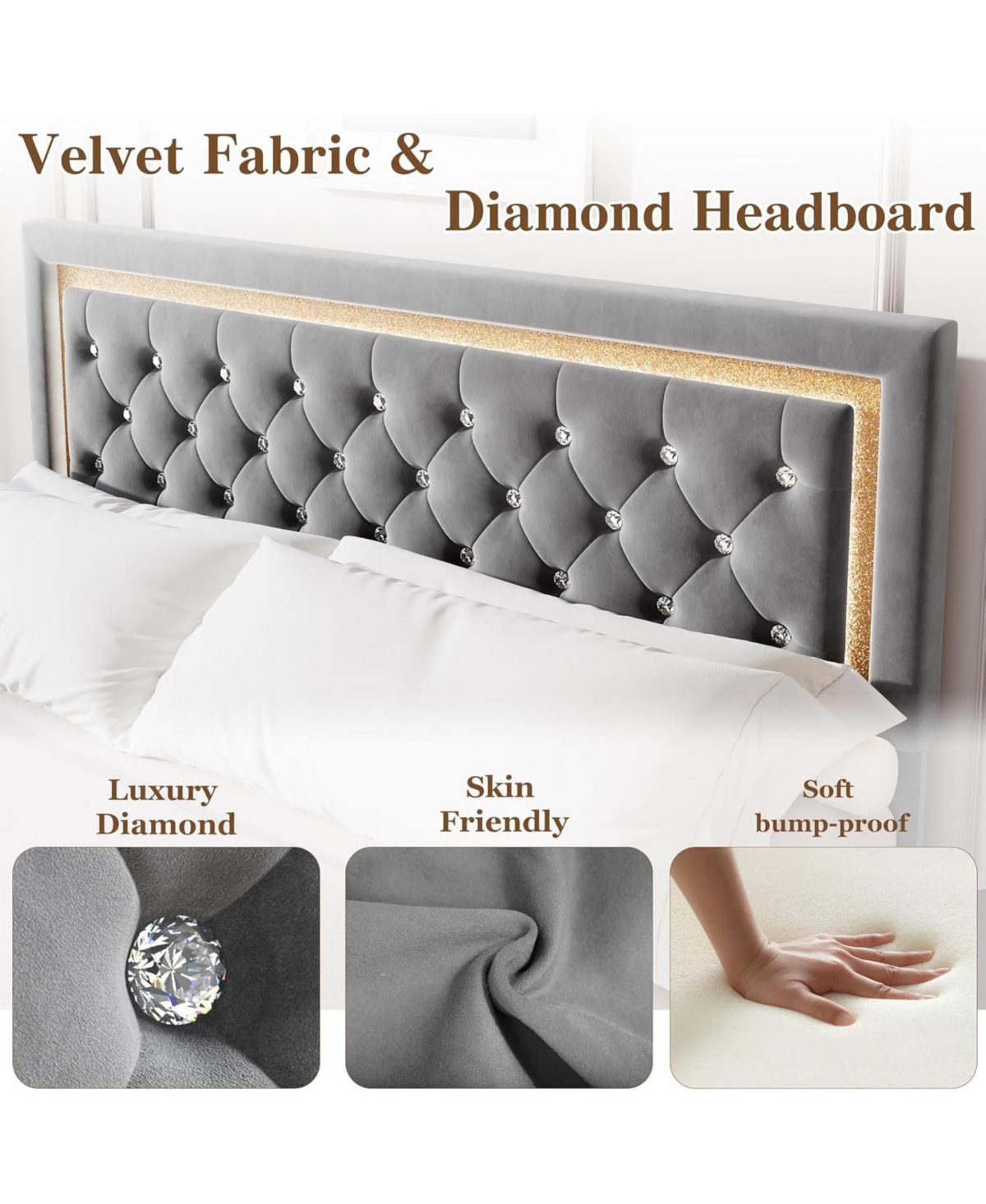 gaomon Floating Bed Frame with Smart Led Upholstery Diamond Headboard Wood Slats No Box Spring Needed Noise Free