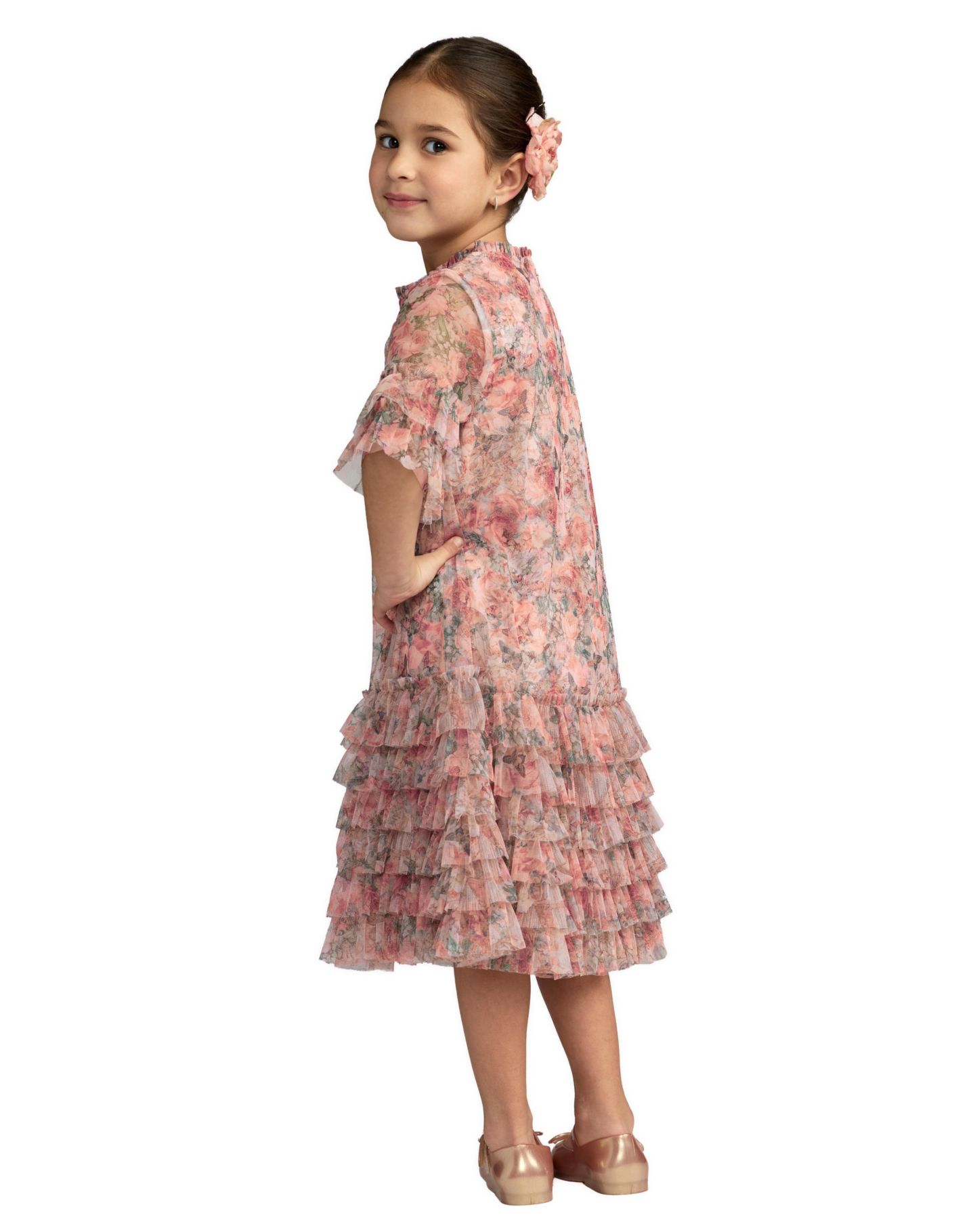 Платье Mac Duggal Floral Printed Short Sleeve Ruffle Dress для девочек, цвет: Розовый разноцветный — фото 2
