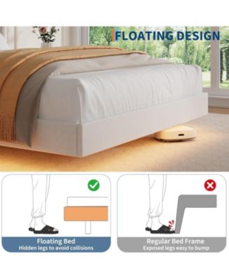 Modern Queen Floating Bed Frame With LED Lights Soft Fabric Storage Headboard Noise Free No Box Spring