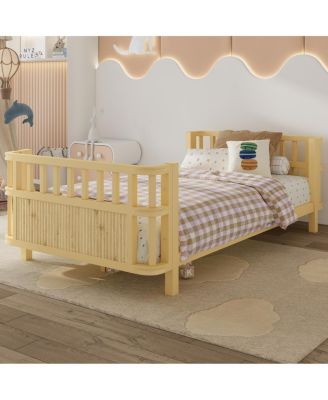 Children's double wooden platform bed with railings (Twin, Natural)