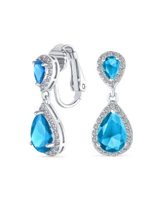 Classic Cocktail Pave Halo Cubic Zirconia CZ Double Solitaire Teardrop Dangle Earrings