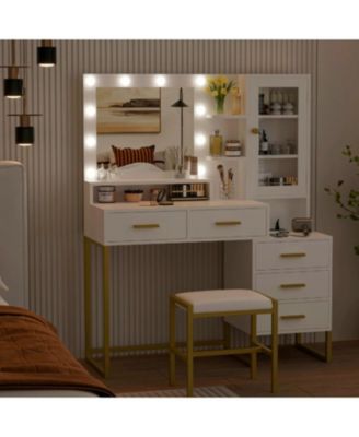 Large Makeup Vanity Set with LED Lighted Mirror, Stool, Shelves and Charging Station