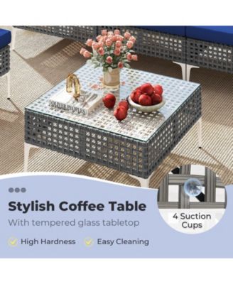 Set Of 7 Piece Outdoor Furniture Set w/Seat & Back Cushions Tempered Glass Coffee Table