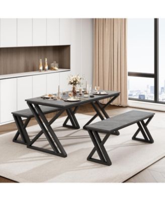 4-Person Space-Saving Dining Table Set with 2 Benches and Sturdy Metal Frame, for Kitchen and Apartment
