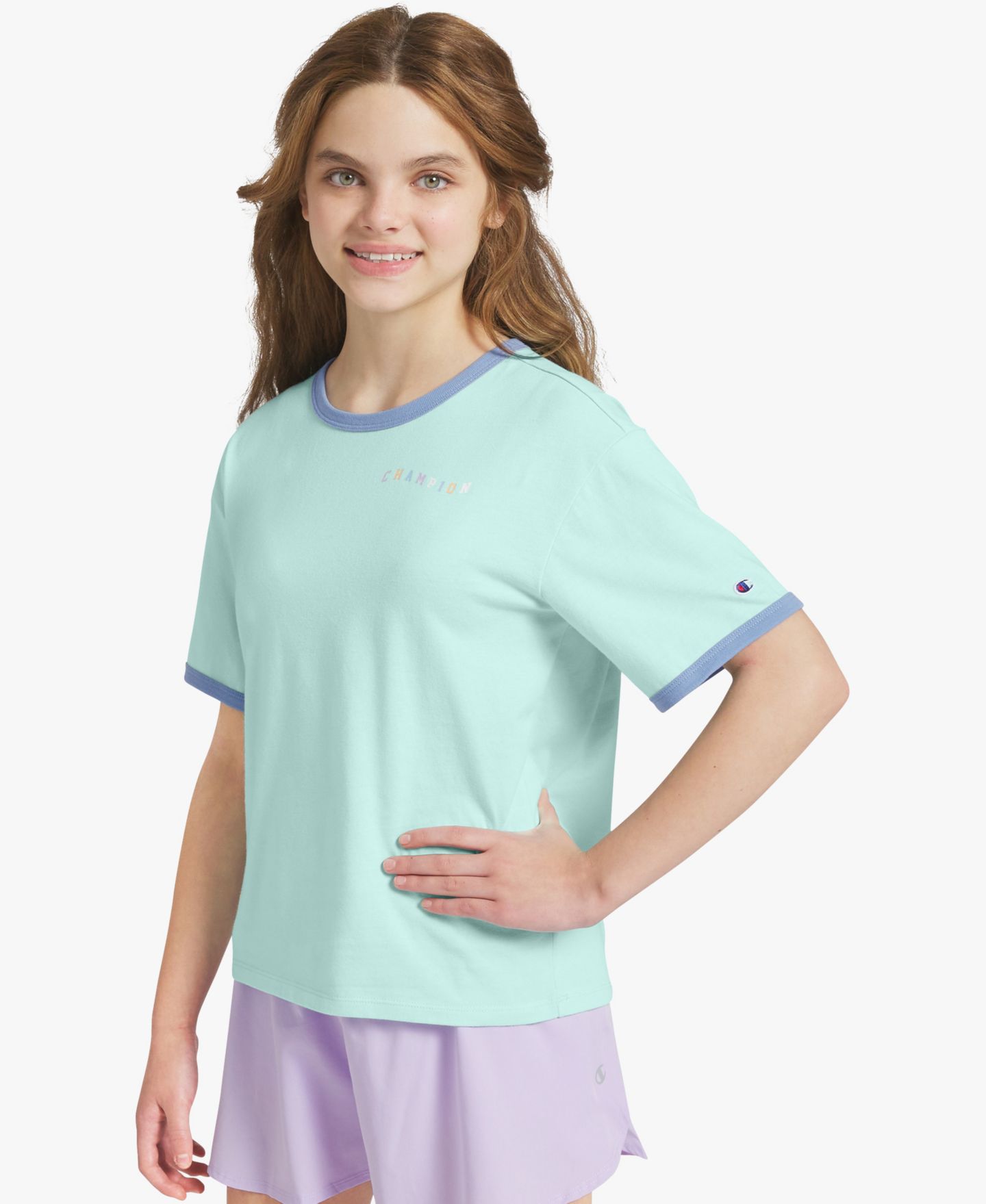 Футболка Champion Crewneck T-Shirt для девочек, цвет: Аквамариновый — фото 1