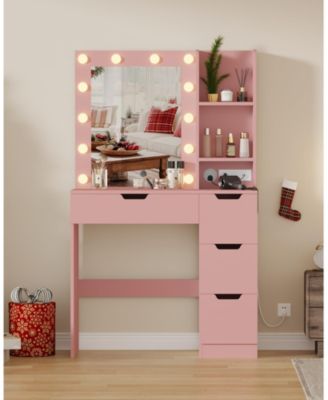 Kids Vanity Desk with 3-Color Touch Control Tri-Fold Lighted Mirror