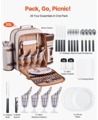 4-Person Picnic Backpack with Insulated Cooler, Blanket and Tableware Set