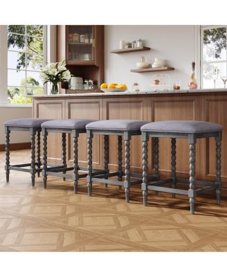 26" Upholstered Acacia Wood Counter Stools (Set of 4)