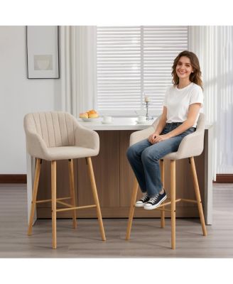 Modern Linen Bar Stools Set of 2 with Back & Armrest