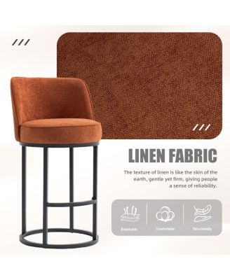 Counter Height Bar Stools Set of 2, Modern Barrel Stools with Backrest, Linen Fabric
