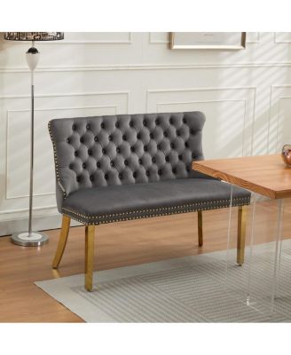 Velvet Double Dining Loveseat Bench, 2-Seat Tufted Bench w/Gold Legs