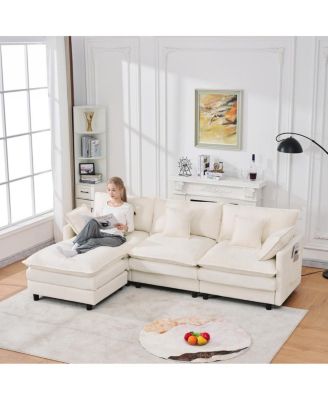 101.9" 3-seater cashmere sofa w/ movable footstool, modular.