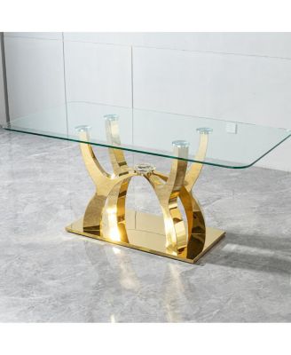 Luxury Glass Dining Table for 6, Clear Glass Top, Gold Curved Base