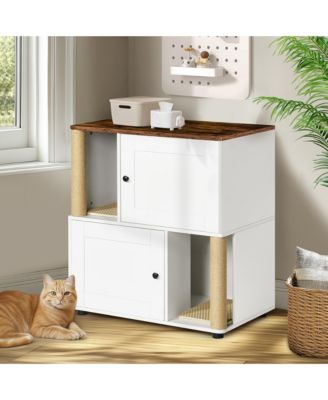 Double Cat Litter Box Enclosure – White & Vintage Cabinet with Shelf, Fits Two Cats & Most Litter Boxes, Hidden Design