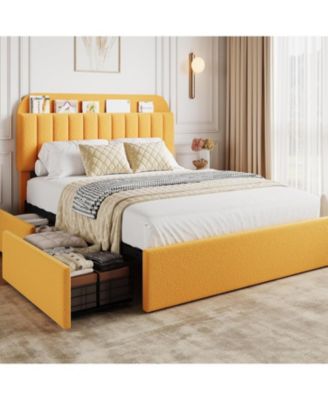 Bed Frame with Storage Headboard, Kids Bed Frame with 2 Drawers, Boucle Upholstered Platform Bed with Bookcase, No Box Spring Needed