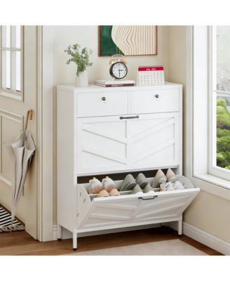 Shoe Storage Cabinet - Hidden Slim Shoe Organizer Rack with 2 Flip Drawers and 2 Drawers for Hallway, Entryway