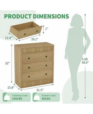 3 Drawer Dresser for Bedroom, Wide Fluted Chest of Drawers, Modern Wooden Nightstand Storage Cabinet
