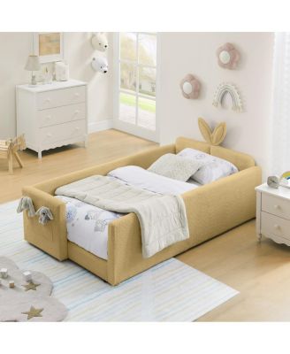 Twin Size Upholstered Platform Bed with Rabbit Ear Headboard & Safety Rail