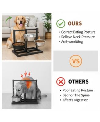 Dual Sided Elevated Dog Stand 5 Adjustable Heights 3 Bowls Slow Feeder Stainless Steel Non Slip