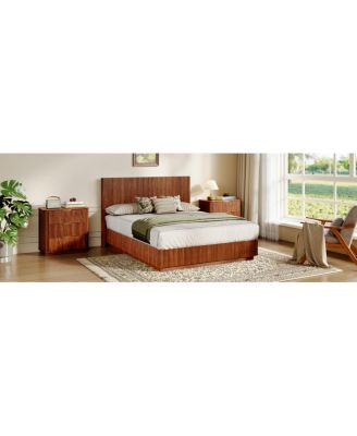 Queen Size Bed Frame with LED Lights, Modern Walnut Wood Design