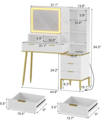 Modern Fluted Makeup Vanity Desk with Lighted Mirror, 5 Drawers and Power Outlet