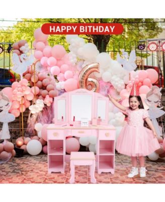 Kids Pretend Play Vanity Set with Tri-Fold Mirror and Stool