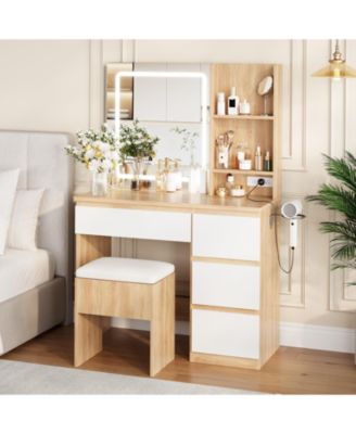 Makeup Vanity Set with Foldable Lighted Mirror, Drawers and Cushioned Stool
