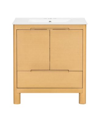 30" Modern Natural Bathroom Vanity with Ceramic Sink, Soft-Close Doors, Bottom Drawer Storage, Freestanding Cabinet