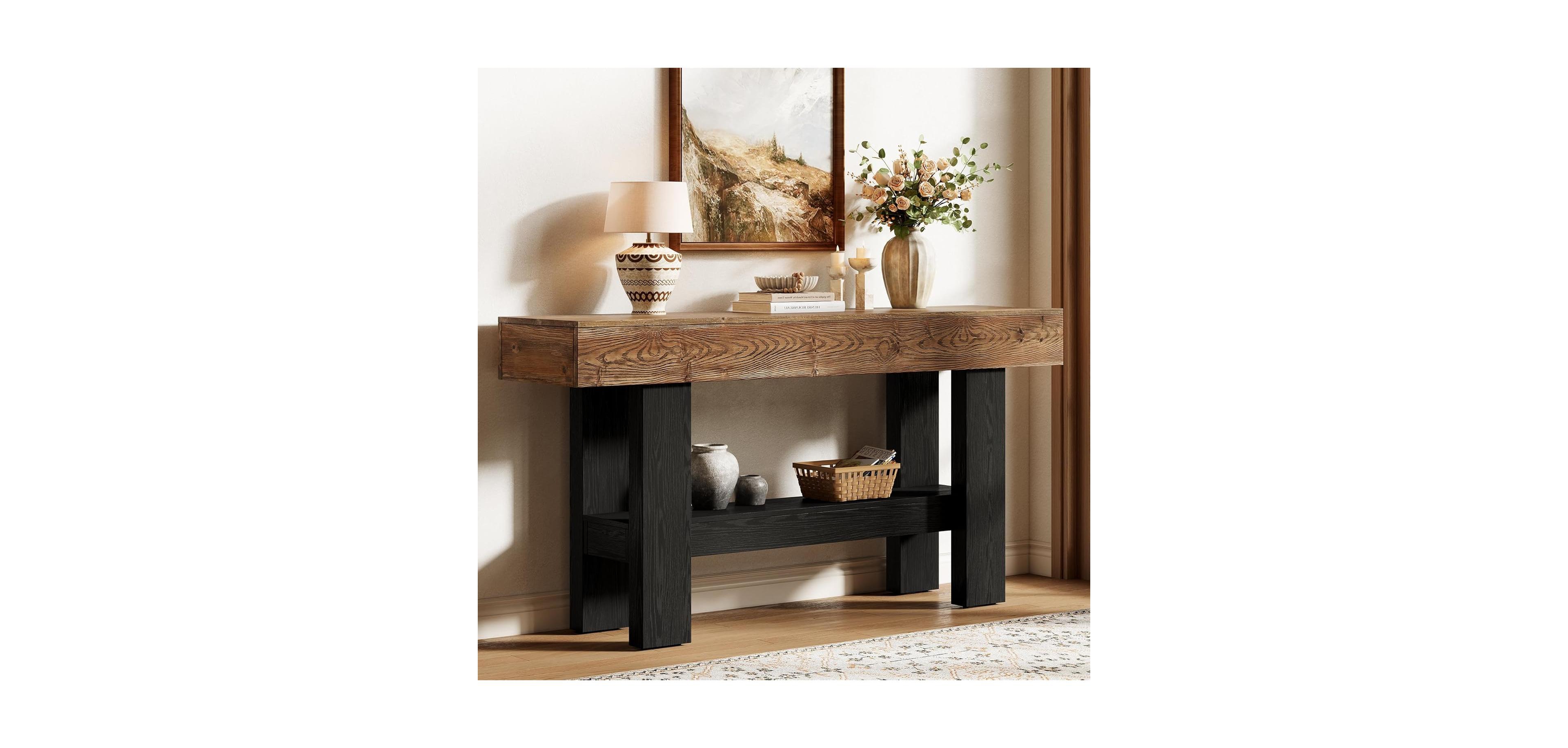 Tribesigns 2-Tier Solid Wood Black Console Table for Entryway, Long Narrow Sofa Table Behind Couch
