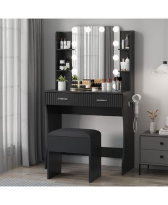 Modern Makeup Vanity Set with 12-LED Mirror, Stool, 2 Drawers, Shelves and Power Outlet