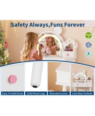 Kids Wooden Vanity Table and Chair Set with Touch Control Lighted Mirror and Drawers