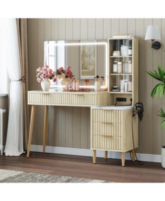 Modern Fluted Wood Makeup Vanity Desk with Glass Top, 5 Drawers and Charging Station