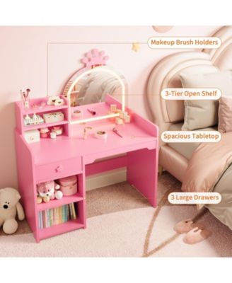 Kids Vanity Set with Lighted Mirror, Chair, Drawer and Open Storage Shelves