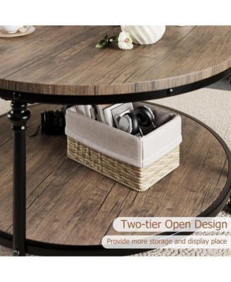 Round Rustic 2-Tier Wood Coffee Table with Metal Legs and Storage Shelf