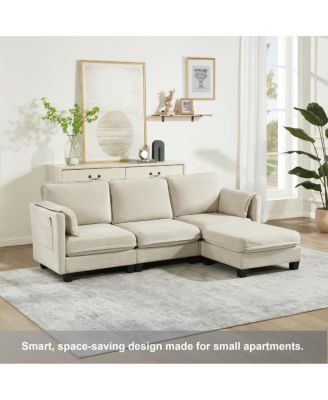 L-shaped sofa, cotton-linen, storage armrest, 3-seater for living room/office