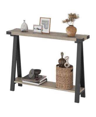 Narrow Farmhouse Console Table with V-Shaped Metal Legs and Open Shelf