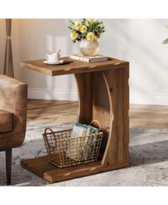 C-Shaped End Table for Living Room, Solid Wood Narrow Skinny Side Table, Farmhouse Bedside Nightstand