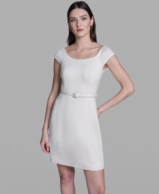 Women's Off-The-Shoulder Scuba Belted Mini Fit & Flare