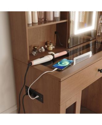 Large Makeup Vanity Desk with 3-Color LED Sliding Mirror, Drawers and Power Outlets