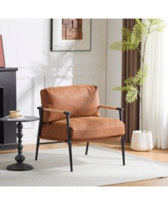 Modern Accent Chair with Metal Frame & Wooden Armrest