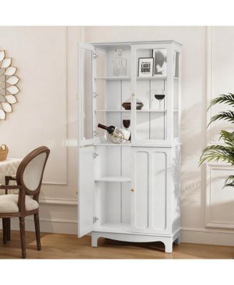 72" Freestanding Kitchen Pantry Cabinet Glass Door Adjustable Shelves